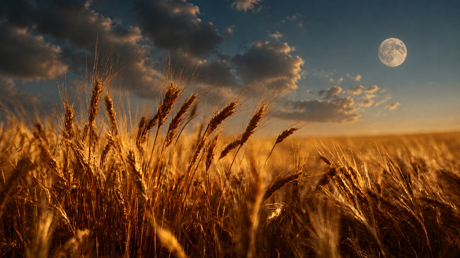 A full harvest moon rising over a golden wheat field at dusk — the visual soul of Dance Temple: Harvest Moon